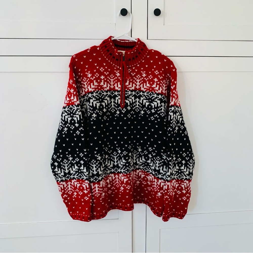 Vintage Tally-Ho Red Black Knit Quarter Zip Sweater Size Large